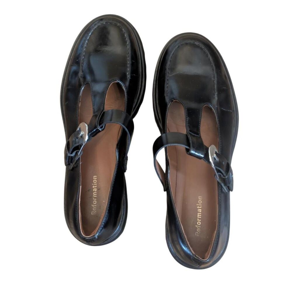 Reformation Whimsigoth Chunky Lug Sole T-Strap Mary Jane Shoes 5.5 Black Leather